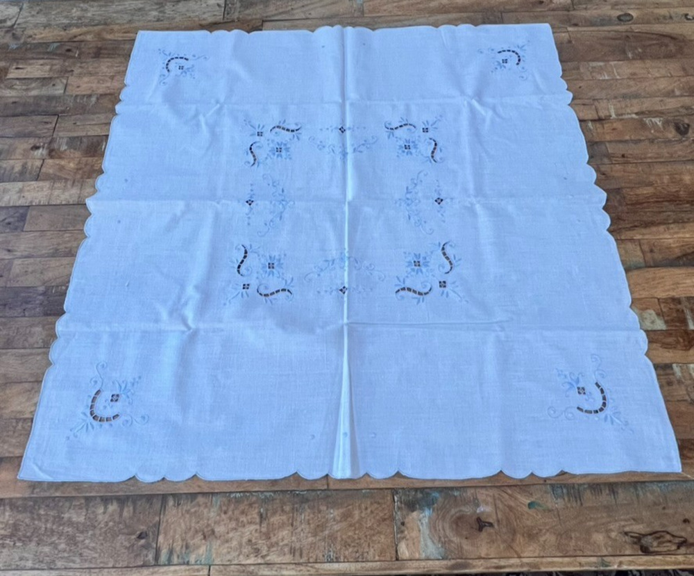 Vintage Cotton Tablecloth 31 x 32" Blue Floral Embroidery Detailed Cutwork